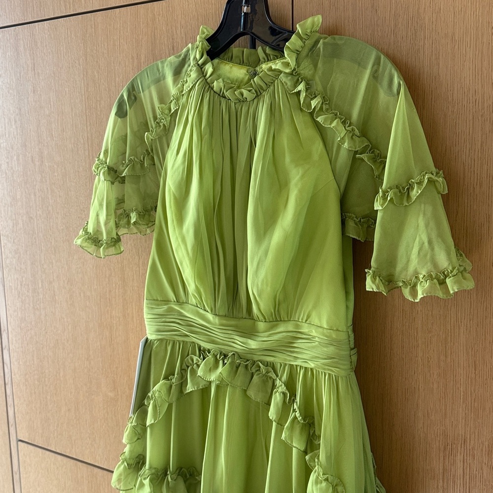 Mac Duggal Chiffon Cascading Ruffle Flutter Sleeve Gown Color Apple Green Size 4 - Picture 7 of 17